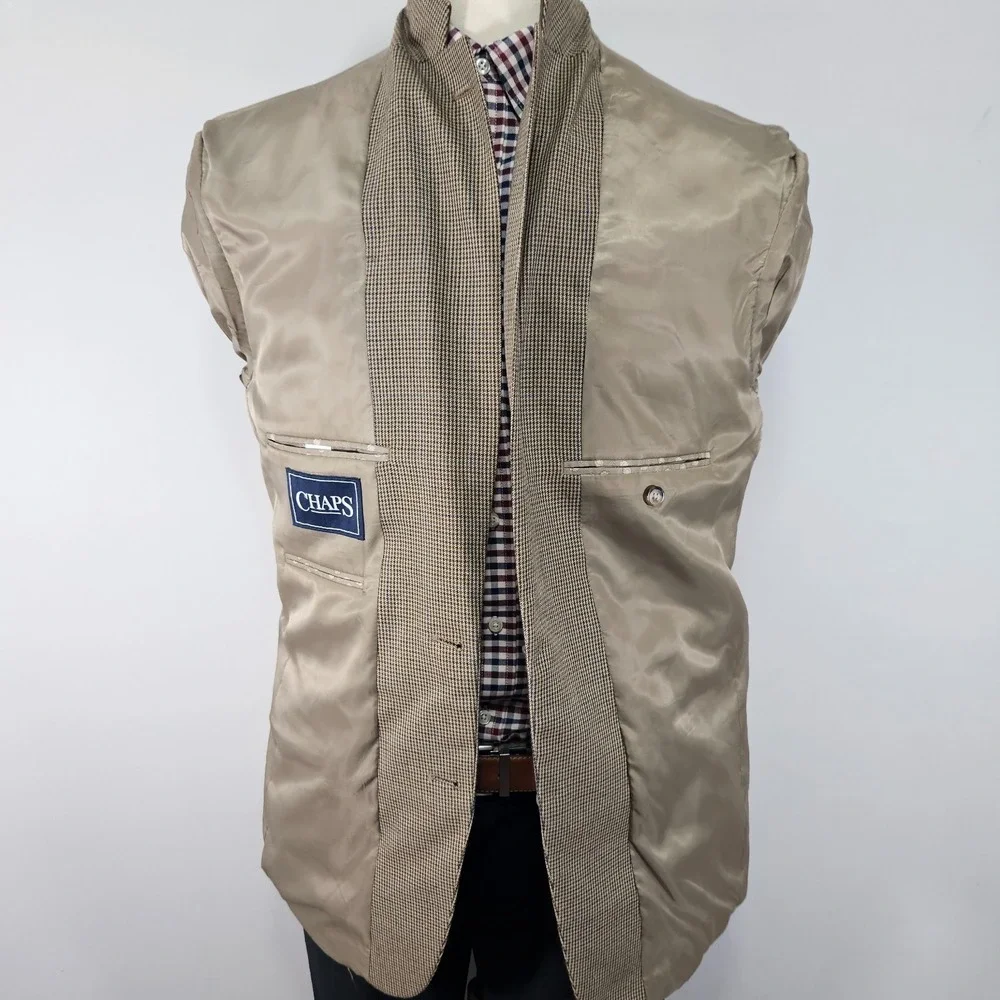 Chaps Men's Sport Coat Blazer Two Button Brown‎ Houndstooth Poly Blend Sz 42L